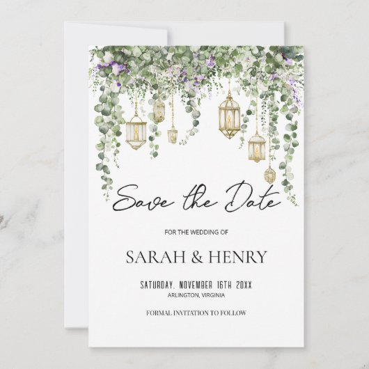 Invitation Mariage Eucalyptus et Lanterne Dorée (Devant)