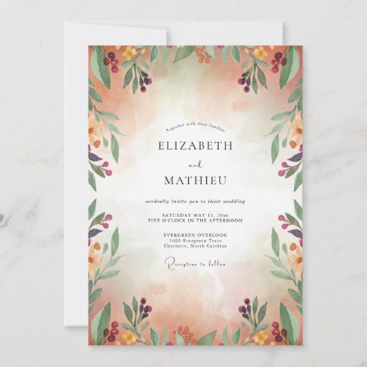 Invitation Mariage Eucalyptus Feuillage Abricot Prune (Devant)