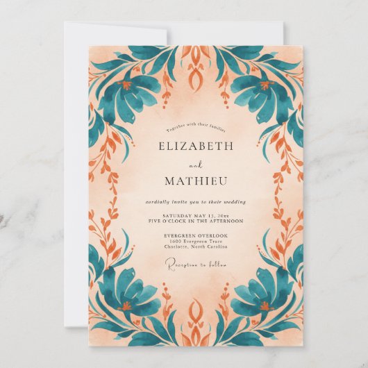 Invitation Mariage Eucalyptus Feuillage Abricot Sarcelle (Devant)