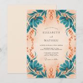 Invitation Mariage Eucalyptus Feuillage Abricot Sarcelle (Devant / Derrière)