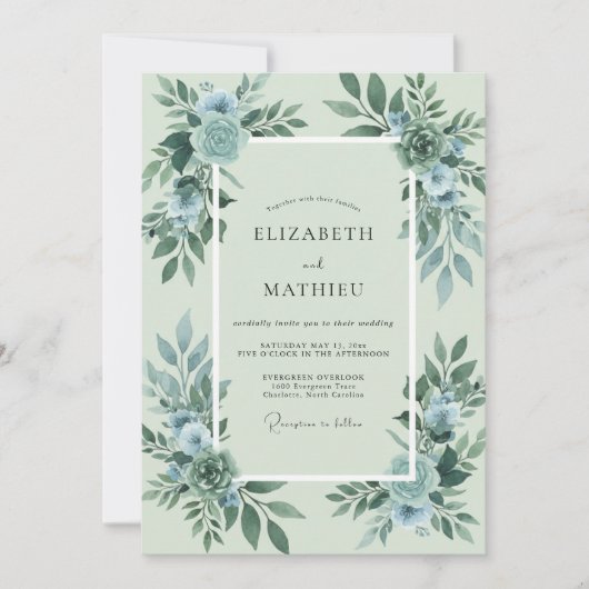 Invitation Mariage Eucalyptus Feuillage Acier Mousse de Mer (Devant)