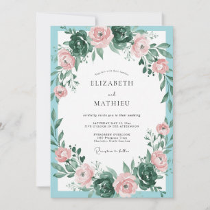 Invitation Mariage Eucalyptus Feuillage Aqua Pêche
