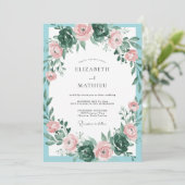 Invitation Mariage Eucalyptus Feuillage Aqua Pêche (Debout devant)
