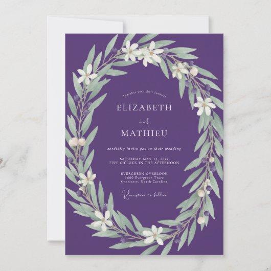 Invitation Mariage Eucalyptus Feuillage Argent Améthyste (Devant)