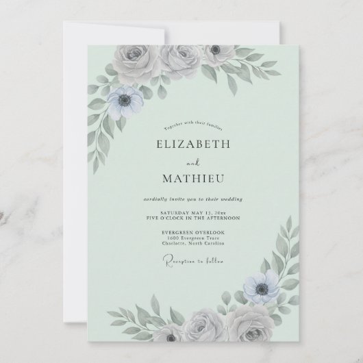 Invitation Mariage Eucalyptus Feuillage Argent Menthe (Devant)