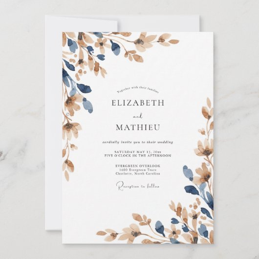 Invitation Mariage Eucalyptus Feuillage Champagne Indigo (Devant)