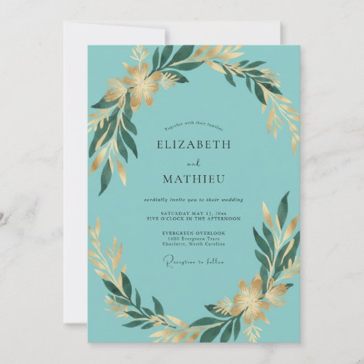 Invitation Mariage Eucalyptus Feuillage Doré Aqua (Devant)