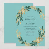 Invitation Mariage Eucalyptus Feuillage Doré Aqua (Devant / Derrière)
