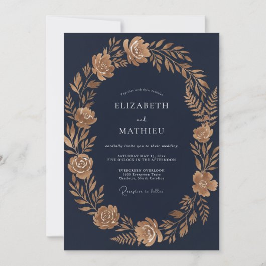 Invitation Mariage Eucalyptus Feuillage Doré de Minuit (Devant)