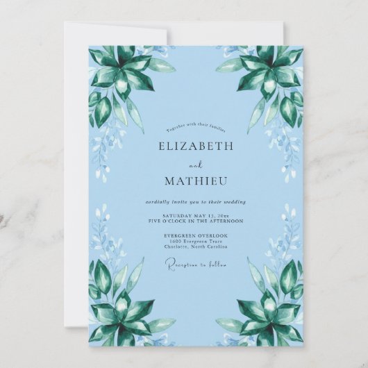 Invitation Mariage Eucalyptus Feuillage Émeraude Azur (Devant)