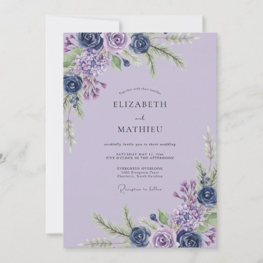 Invitation Mariage Eucalyptus Feuillage Indigo Améthyste (Devant)
