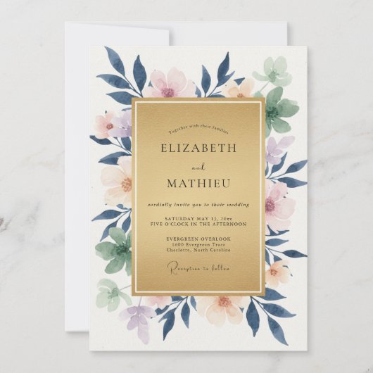Invitation Mariage Eucalyptus Feuillage Indigo Pêche (Devant)