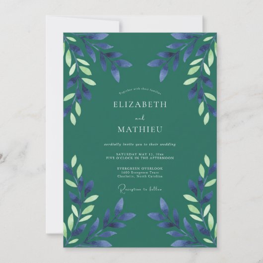 Invitation Mariage Eucalyptus Feuillage Indigo Sarcelle (Devant)