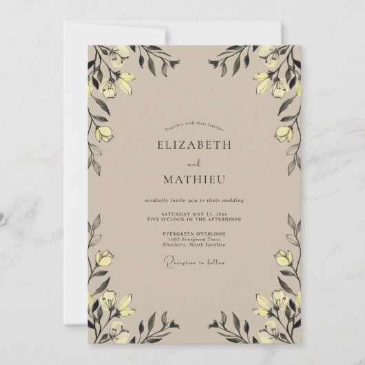 Invitation Mariage Eucalyptus Feuillage Jaune Beige (Devant)