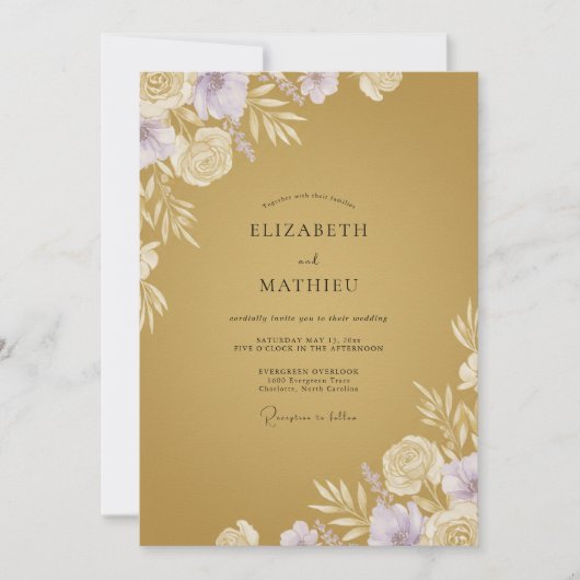 Invitation Mariage Eucalyptus Feuillage Lilas Or Moutarde (Devant)