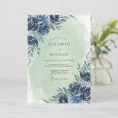Invitation Mariage Eucalyptus Feuillage Menthe Navy (Debout devant)