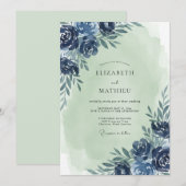 Invitation Mariage Eucalyptus Feuillage Menthe Navy (Devant / Derrière)