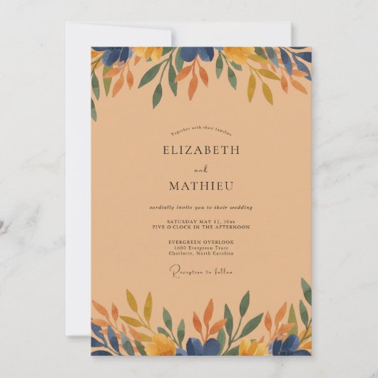 Invitation Mariage Eucalyptus Feuillage Ocres Navy (Devant)