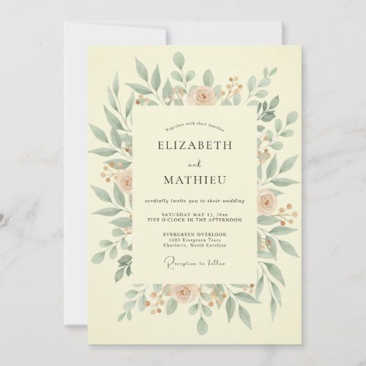 Invitation Mariage Eucalyptus Feuillage Olive Pêche (Devant)