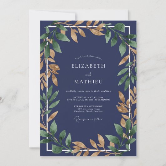 Invitation Mariage Eucalyptus Feuillage Or Saphir (Devant)