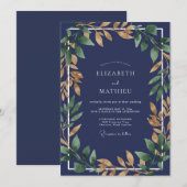 Invitation Mariage Eucalyptus Feuillage Or Saphir (Devant / Derrière)