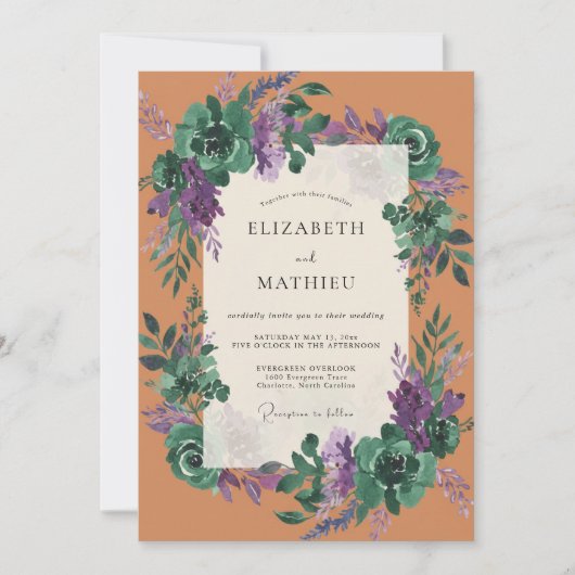 Invitation Mariage Eucalyptus Feuillage Terre Cuite Prune (Devant)