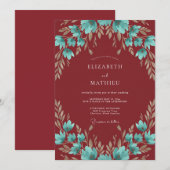 Invitation Mariage Eucalyptus Feuillage Turquoise Bourgogne (Devant / Derrière)