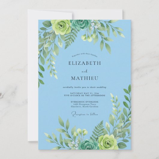 Invitation Mariage Eucalyptus Feuillage Vert Menthe Ciel (Devant)
