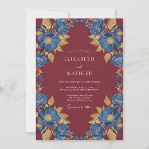 Invitation Mariage Eucalyptus Fleur Cobalt Bordeaux