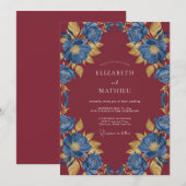 Invitation Mariage Eucalyptus Fleur Cobalt Bordeaux (Devant / Derrière)