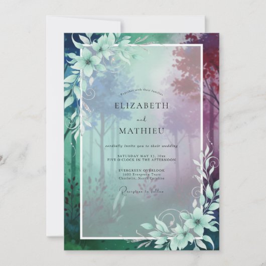 Invitation Mariage Eucalyptus Forêt Violet Turquoise (Devant)