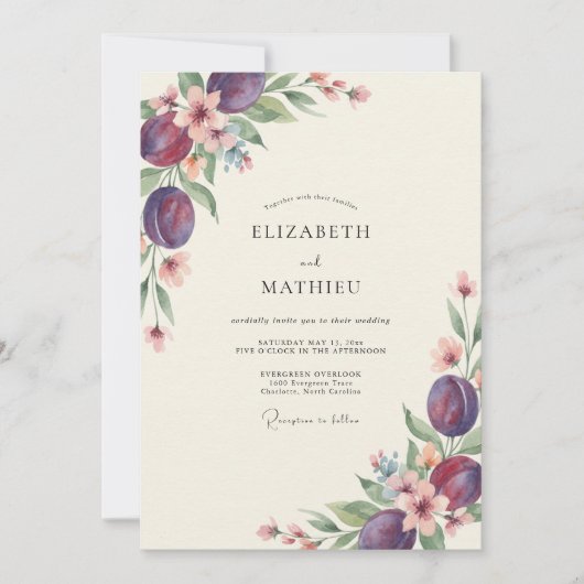 Invitation Mariage Eucalyptus Fruit de Prunier Rouge Foncé (Devant)