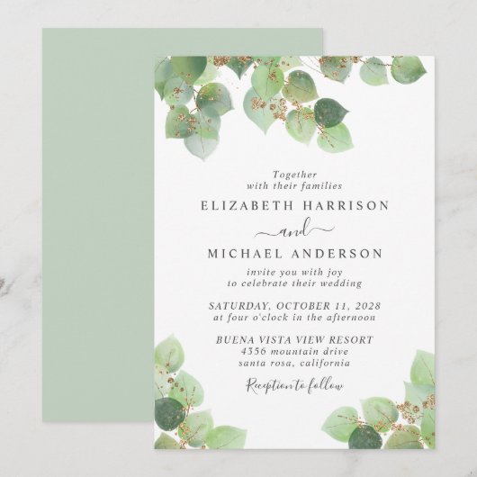 Invitation Mariage Eucalyptus Green Gold Watercolor (Devant / Derrière)