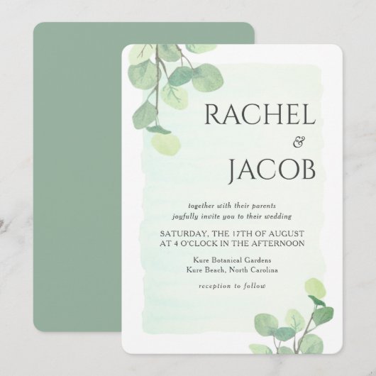 Invitation Mariage Eucalyptus Green Watercolor (Devant / Derrière)