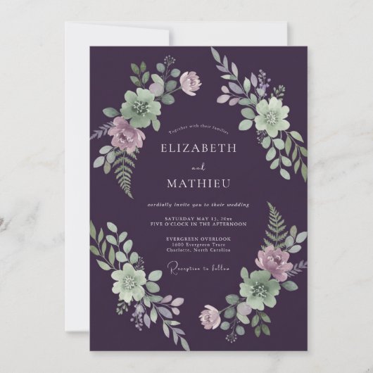 Invitation Mariage Eucalyptus Gris Feuillage Menthe Prune (Devant)