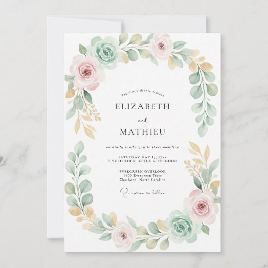 Invitation Mariage Eucalyptus Gris Feuillage Or Menthe (Devant)