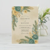 Invitation Mariage Eucalyptus Gris Feuillage Or Sarcelle (Debout devant)