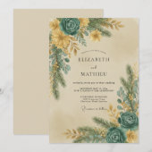 Invitation Mariage Eucalyptus Gris Feuillage Or Sarcelle (Devant / Derrière)