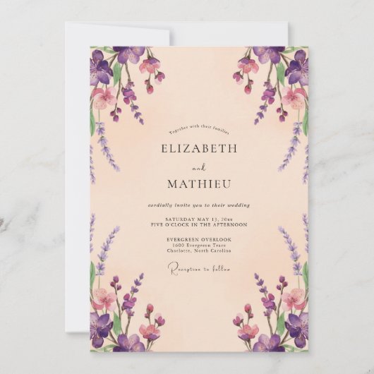 Invitation Mariage Eucalyptus Lavande Pêche (Devant)