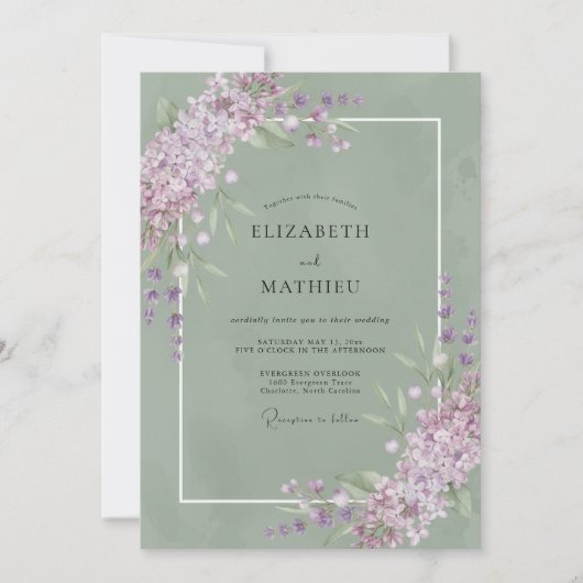 Invitation Mariage Eucalyptus Olive Lilas (Devant)