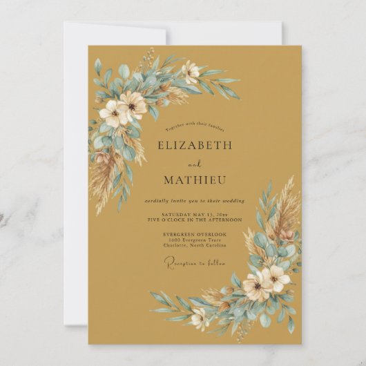 Invitation Mariage Eucalyptus Pampas Aqua Doré (Devant)