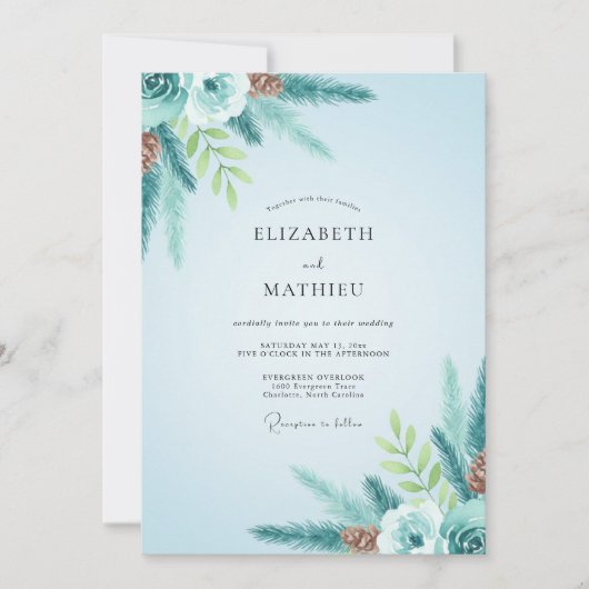Invitation Mariage Eucalyptus Pin Teal Hiver (Devant)
