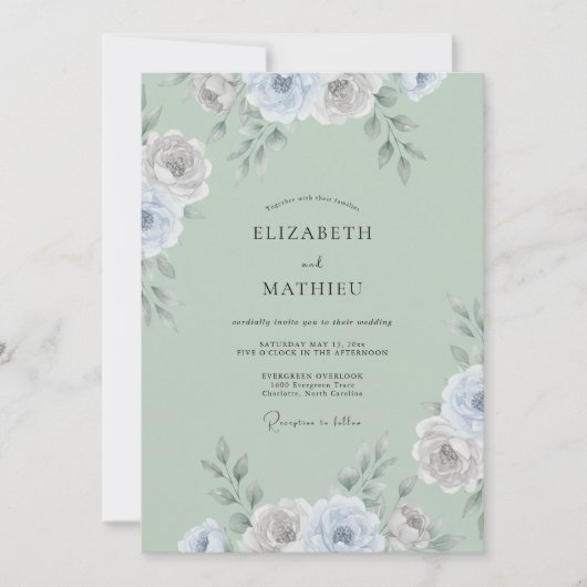 Invitation Mariage Eucalyptus Ranunculus Argent Céladon (Devant)