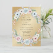 Invitation Mariage Eucalyptus Ranunculus Azur Doré (Debout devant)