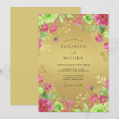 Invitation Mariage Eucalyptus Ranunculus Magenta Or (Devant / Derrière)