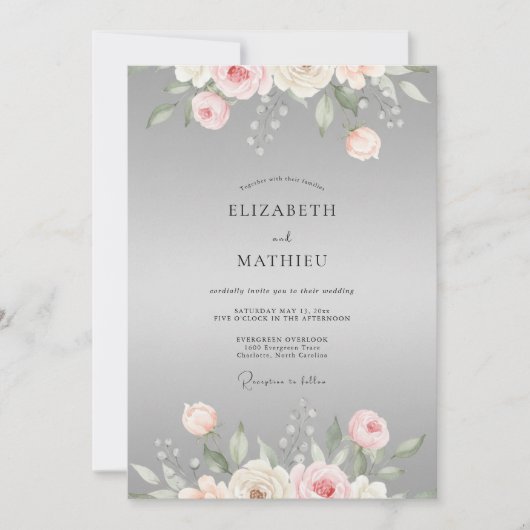 Invitation Mariage Eucalyptus Ranunculus Rose Gris (Devant)