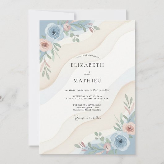 Invitation Mariage Eucalyptus Renoncule Bleu Acier (Devant)