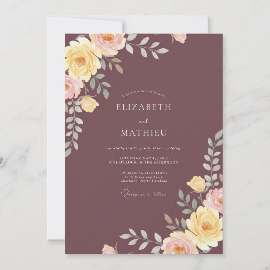 Invitation Mariage Eucalyptus Renoncule Jaune Prune (Devant)