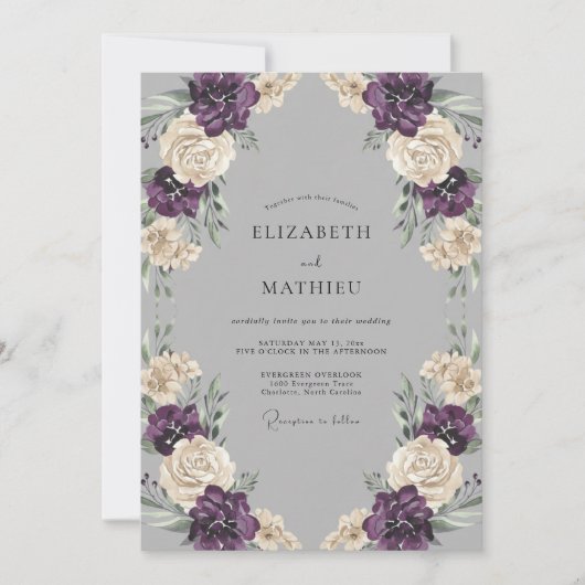 Invitation Mariage Eucalyptus Renoncule Prune Argentée (Devant)