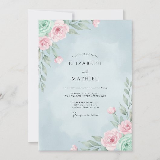 Invitation Mariage Eucalyptus Renoncule Rose Ciel (Devant)